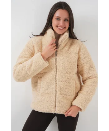 5178 Astarlı Peluş Mont  Krem