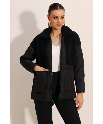 5182 Peluş Detaylı Oversize Şişme Mont  Siyah