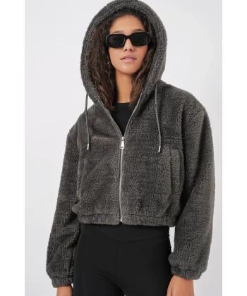 5193 Kapüşonlu Peluş Crop Ceket  Antrasit