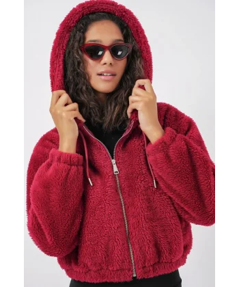 5193 Kapüşonlu Peluş Crop Ceket  Bordo