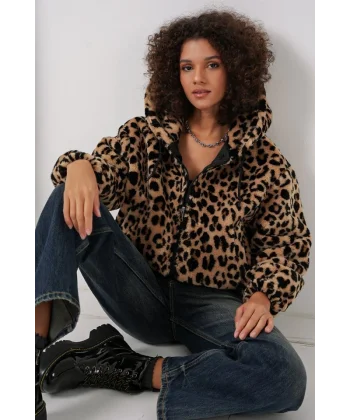 5193 Kapüşonlu Peluş Crop Ceket  C. Kahverengi