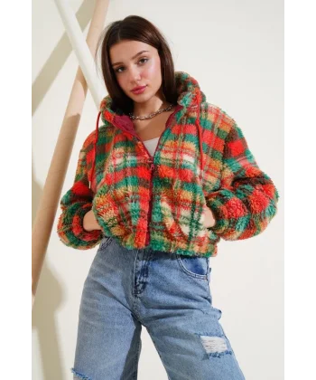 5193 Kapüşonlu Peluş Crop Ceket  Çok Renkli