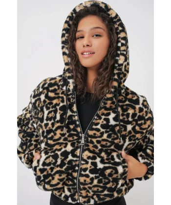 5193 Kapüşonlu Peluş Crop Ceket  D.Kahve