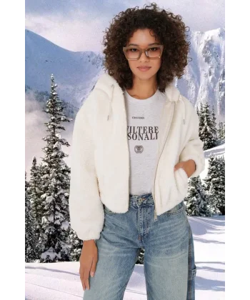 5193 Kapüşonlu Peluş Crop Ceket  Ekru