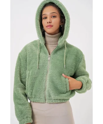 5193 Kapüşonlu Peluş Crop Ceket  E.Yeşil
