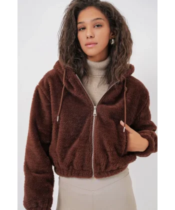 5193 Kapüşonlu Peluş Crop Ceket  Kahverengi
