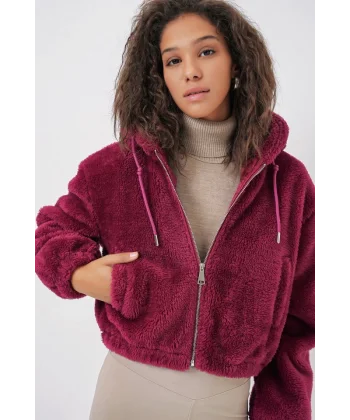 5193 Kapüşonlu Peluş Crop Ceket  Mürdüm