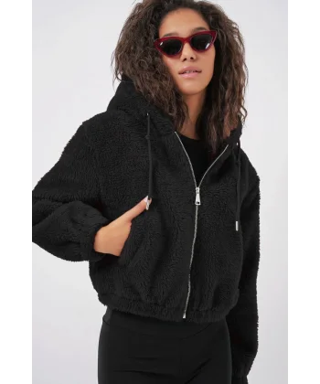 5193 Kapüşonlu Peluş Crop Ceket  Siyah