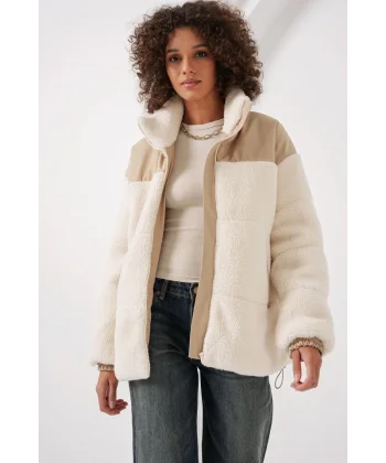 5196 Şişme Peluş Mont  Ekru