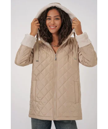 5197 Kapüşonlu Kapitone Mont  Bej