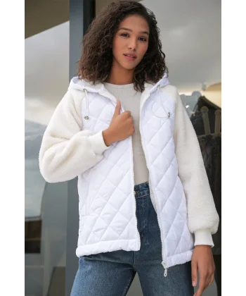 5201 Kolları Peluş Kapitone Mont  Beyaz