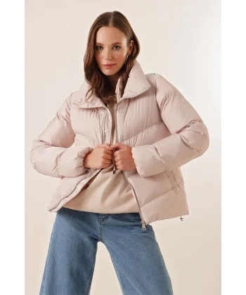 5205 Dik Yaka Fermuarlı Şişme Mont  Bej