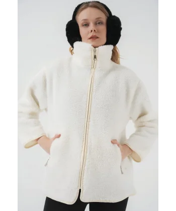 5211 Fermuarlı Peluş Mont  Ekru