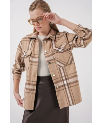 54 Ekose Desen Çift Cepli Gömlek  Bisküvi