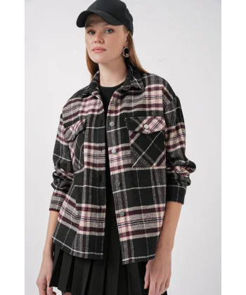 54 Ekose Desen Çift Cepli Gömlek  D. Siyah