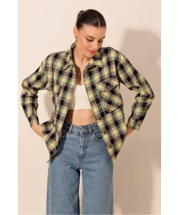 54 Ekose Desen Çift Cepli Gömlek  E.Yeşil