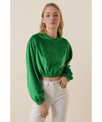 55392 Kadife Crop Bluz  Yeşil