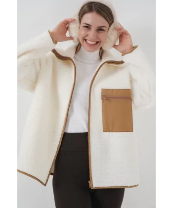 55446 Fermuarlı Oversize Peluş Ceket Mont  Camel