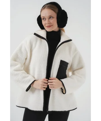 55446 Fermuarlı Oversize Peluş Ceket Mont  D. Siyah