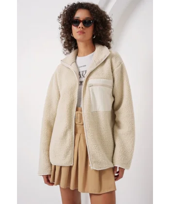 55446 Fermuarlı Oversize Peluş Ceket Mont  Krem