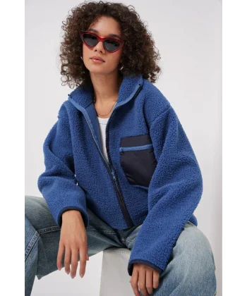 55446 Fermuarlı Oversize Peluş Ceket  Saks