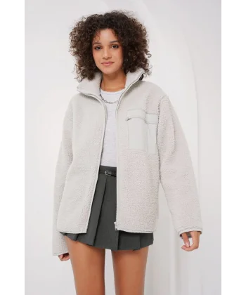 55446 Fermuarlı Oversize Peluş Ceket  Taş