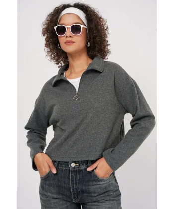 55449 Fermuarlı Yaka Örme Sweatshirt - Antrasit