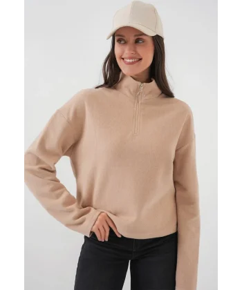 55449 Fermuarlı Yaka Örme Sweatshirt - Camel
