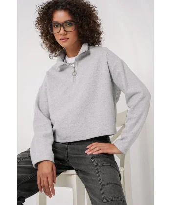 55449 Fermuarlı Yaka Örme Sweatshirt - Gri