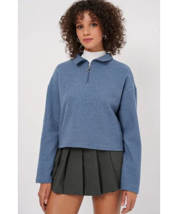 55449 Fermuarlı Yaka Örme Sweatshirt - İndigo