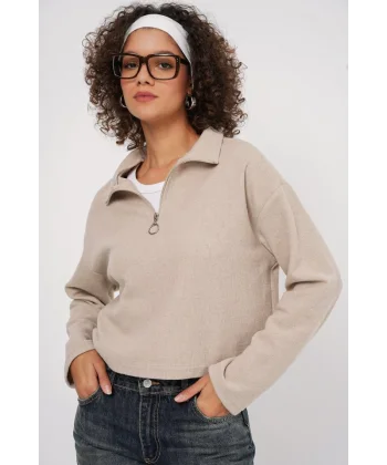 55449 Fermuarlı Yaka Örme Sweatshirt - Krem