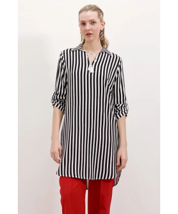 5613 Yaka Bağcıklı Çizgili Tunik - Siyah