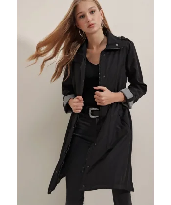 5808 Bel Bağlamalı Trençkot - Siyah