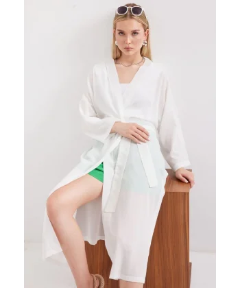 5835 Yırtmaçlı Yazlık Kimono - Beyaz