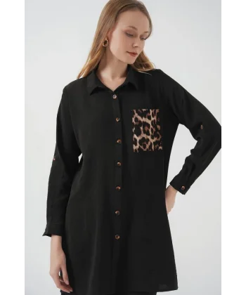 5851 Cep Detaylı Gömlek Tunik - Siyah