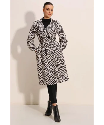 5853 Desenli Kruvaze Yaka Trençkot - C.Beyaz