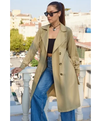 5853 Kruvaze Yaka Trençkot - A.Haki