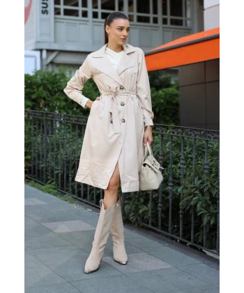 5853 Kruvaze Yaka Trençkot - Bej