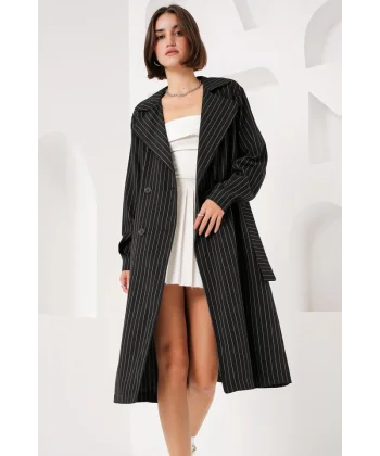 5853 Kruvaze Yaka Trençkot - K. Siyah