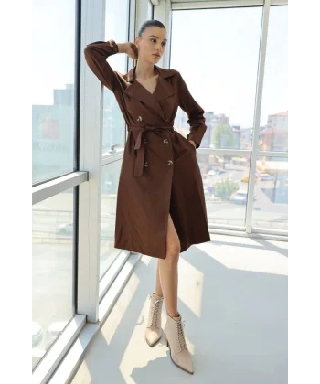 5853 Kruvaze Yaka Trençkot - Kahverengi