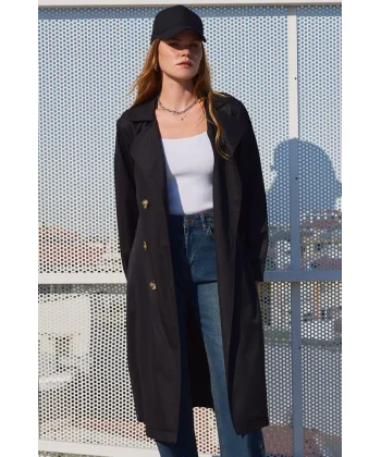 5853 Kruvaze Yaka Trençkot - Siyah