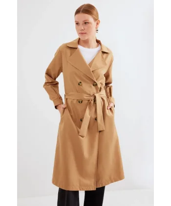 5853 Kruvaze Yaka Trençkot - Taba