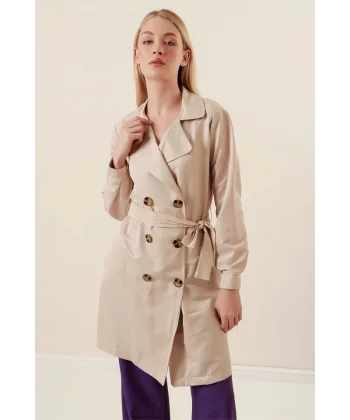 5864 Kruvaze Yaka Kısa Trençkot - Bej