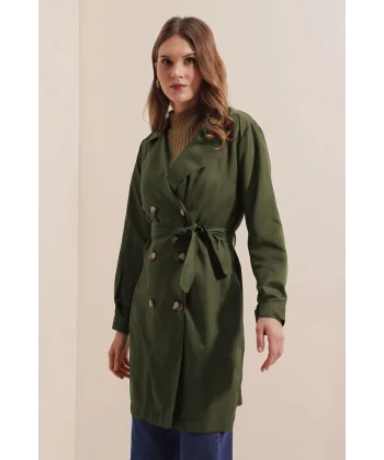 5864 Kruvaze Yaka Kısa Trençkot - Haki