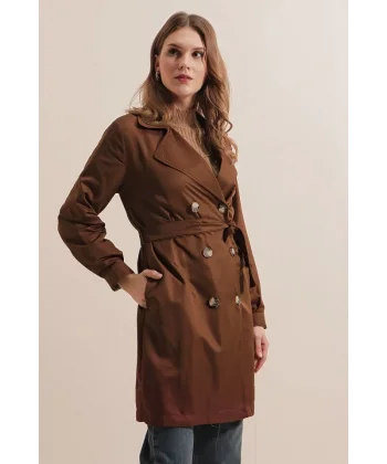 5864 Kruvaze Yaka Kısa Trençkot - Kahverengi