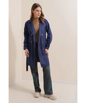 5864 Kruvaze Yaka Kısa Trençkot - Lacivert