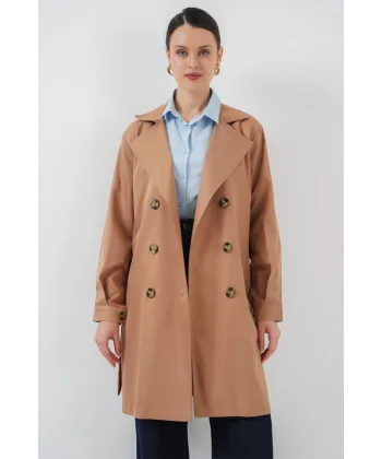 5864 Kruvaze Yaka Kısa Trençkot - Taba