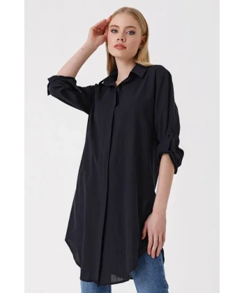 5885 Uzun Keten Gömlek  Siyah