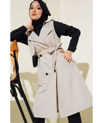 5911 Kruvaze Yaka Trençkot Yelek - Bej