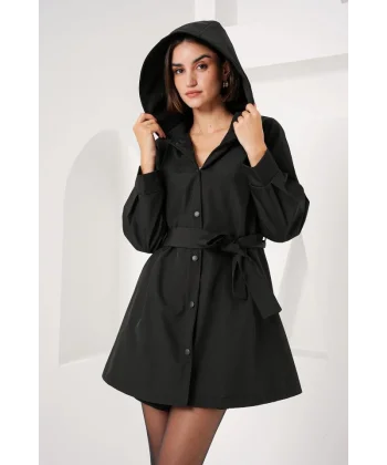 5934 Kapüşonlu Trençkot - Siyah